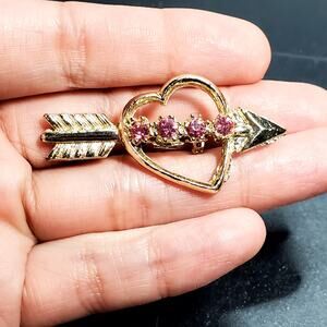 Pink Rhinestone Arrow Heart Valentine Sweetheart Broach Gold Tone 2" Vtg Pin